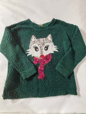 Time and Tru Green Sherpa Sequin Fox Pullover Sweater Womens Size Small 4-6